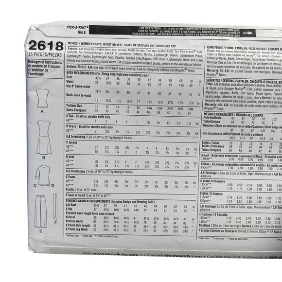 Simplicity 2618 Misses Pants Jacket Vest Scarf Dress & Top Pattern Sizes 10-18 - Picture 3 of 3